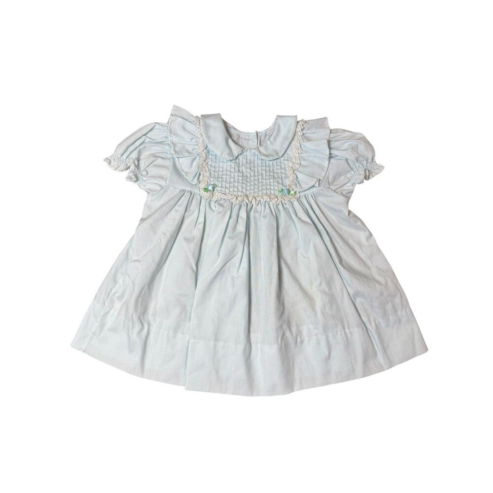 Vintage Bryan Baby Girls Size 18 Month Blue Lace Rosette Frilly Dress Infant